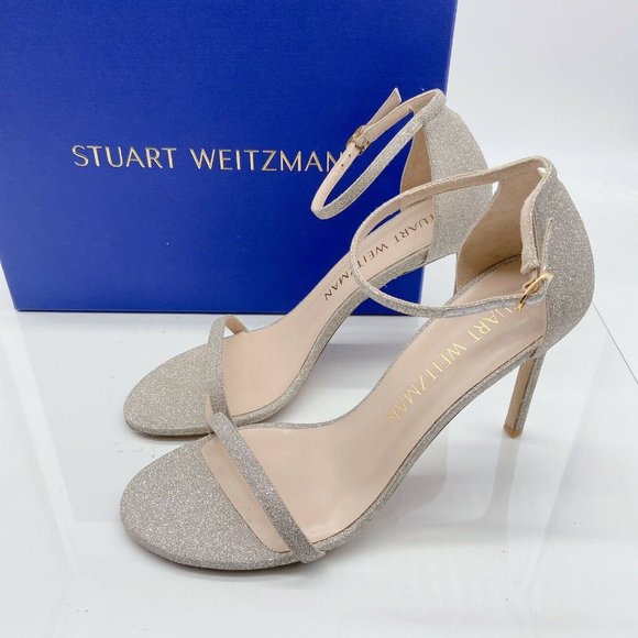 Stuart Weitzman Nudistsong High Heel Ankle Strap Sandal Platino Glitter US 10 B - Picture 2 of 10